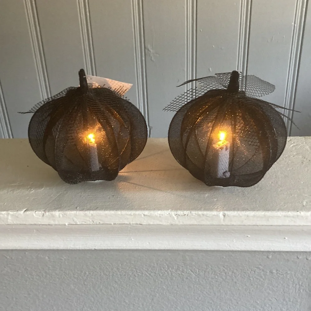 NWT- 2- Elegant Black Lace Covered Light Up LED Halloween Pumpkin Decorations